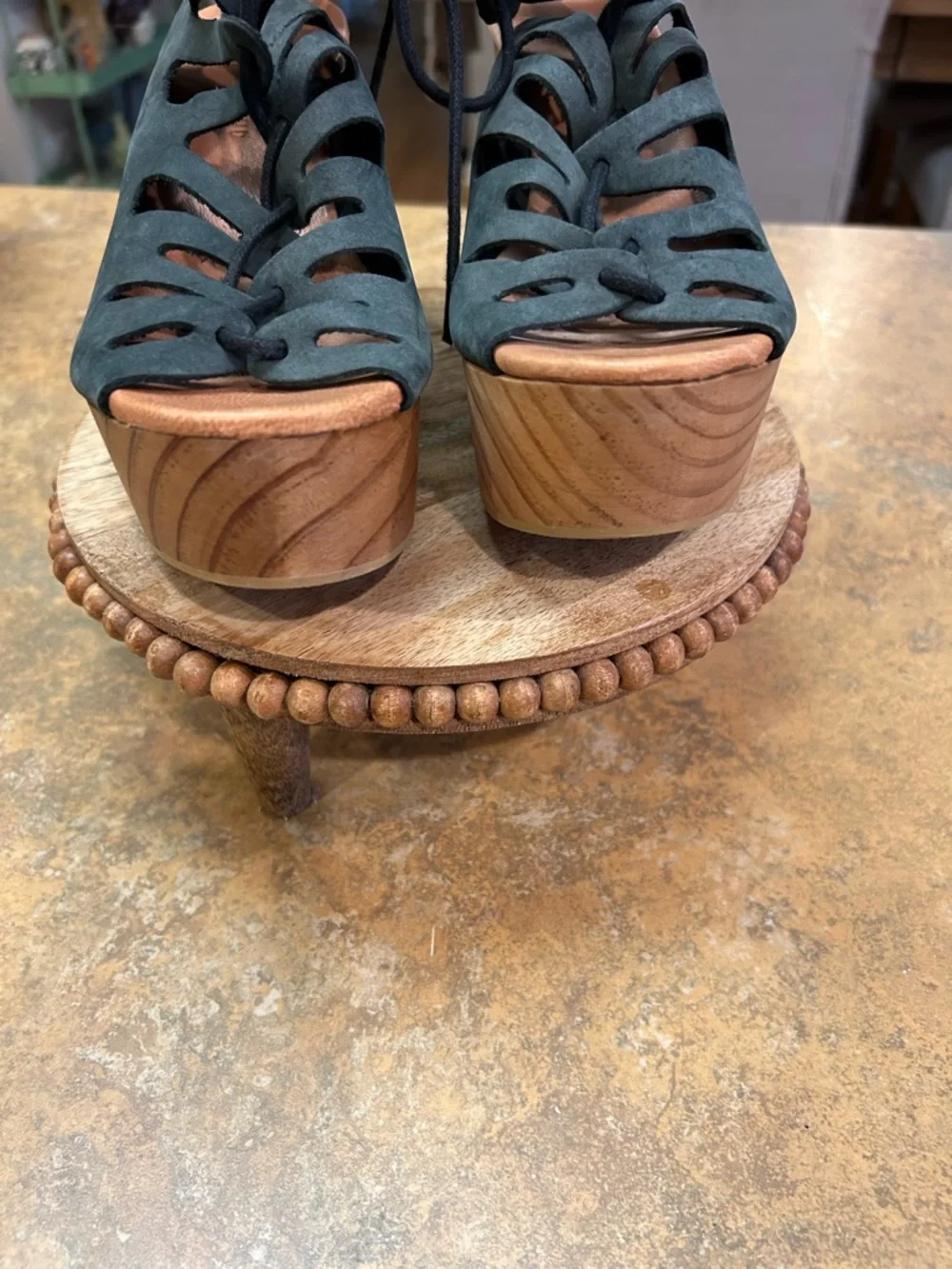 Muse & Cloud Oneka Lace-Up Cutout Suede Retro Wood Platform Sandals